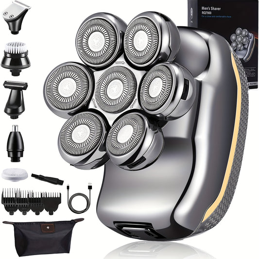 Men'S Electric Head Shaver Razor - Rechargeable Cordless Hair Shaving Razors for Bald Man 6 in 1 Wet Dry Beard Trimmer Body Hair Cutting Clipper Grooming Kit 7 Rotary Heads (Gray) - Power Supply: USB Charging (built-in Batter